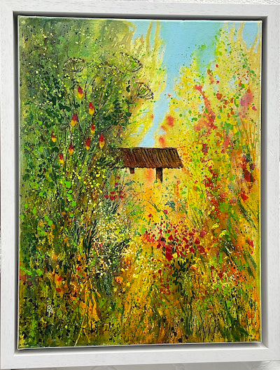 White box framed Potting Shed mixed media abstract landscape painting of a shed and wildflowers by mixed media artist Beverley Perry