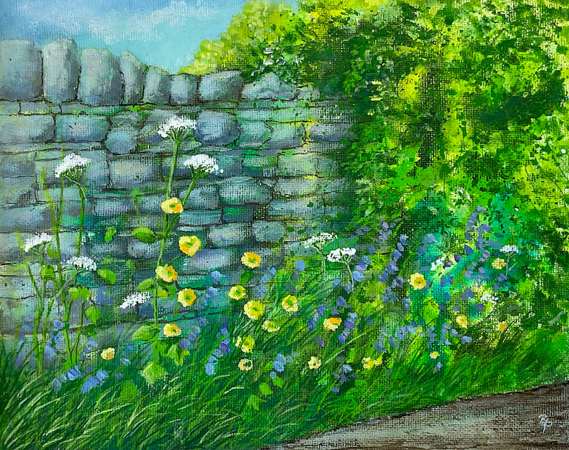 Roadside Beauty cotswold stone wall original mixed media acrylic painting by contemporary artist Beverley Perry.