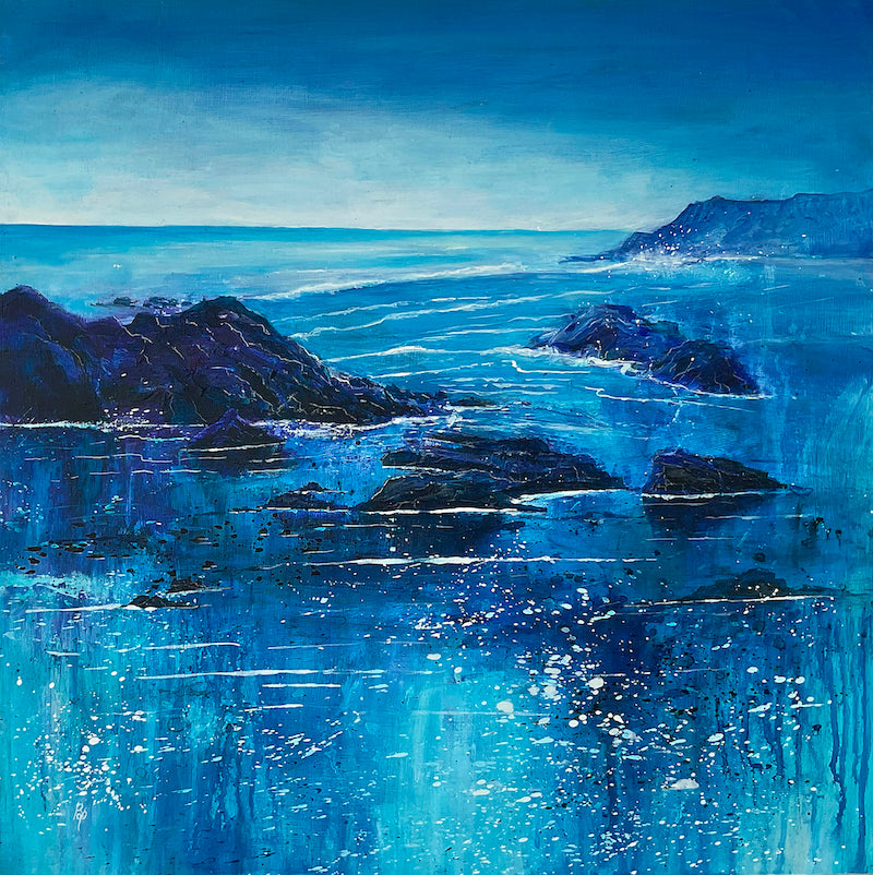 Rocky Shore mixed media seascape painting in blues by Beverley Perry Artist